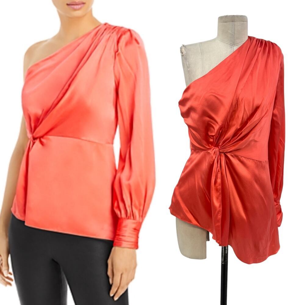 Cinq a Sept Stace One-Shoulder Silk Top in Neon Coral Orange Size Medium